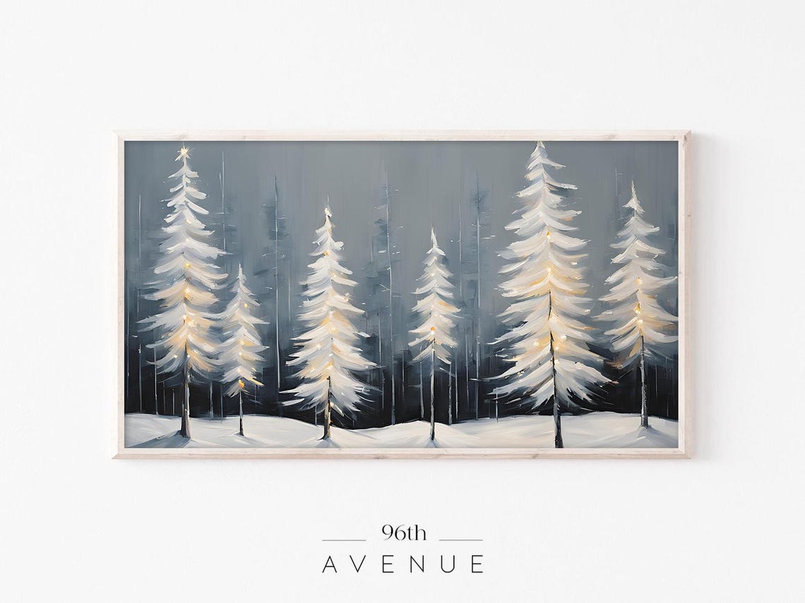 White Christmas Trees With Lights Against Dark Forest Painting Print