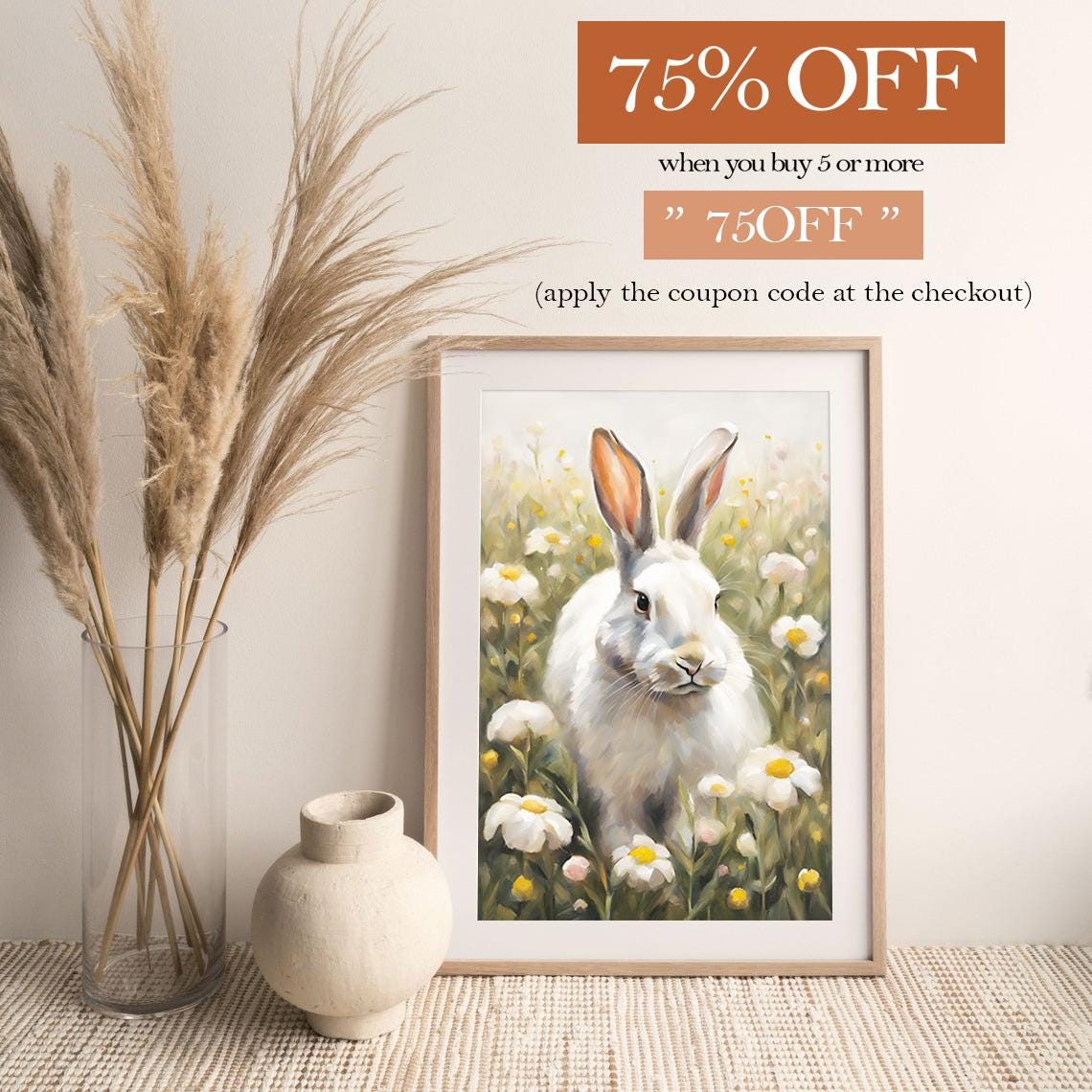 White Bunny Among Daisies Spring Meadow Rabbit Painting Wall Art - Image 2