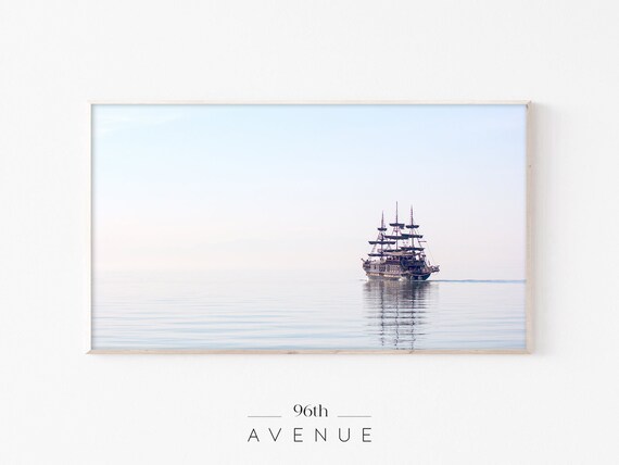 Tall Three-Masted Ship Sailing on Calm Pastel Sea Photo Poster
