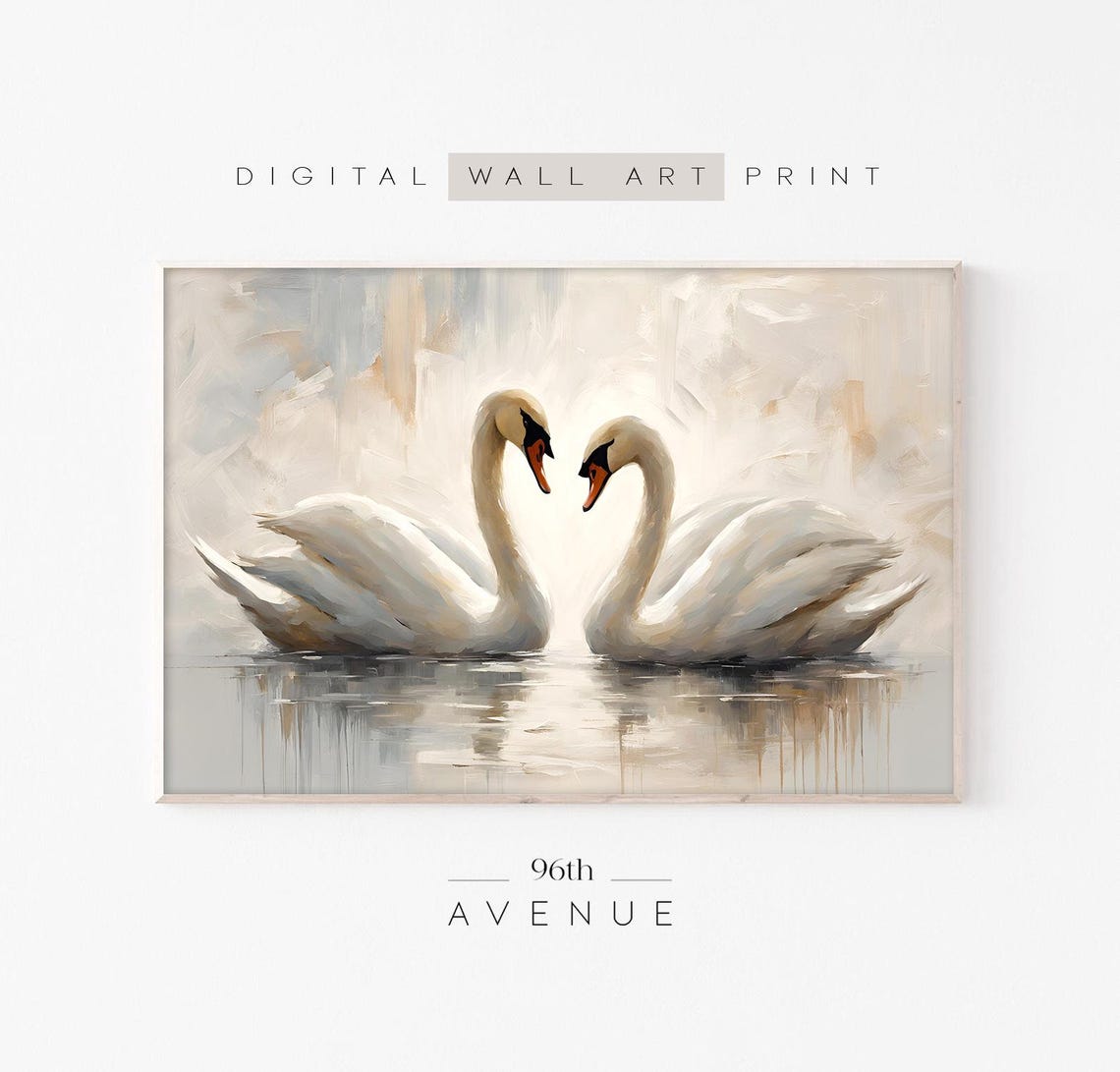 Two White Swans Facing Each Other Soft Beige Love Bird Art Print