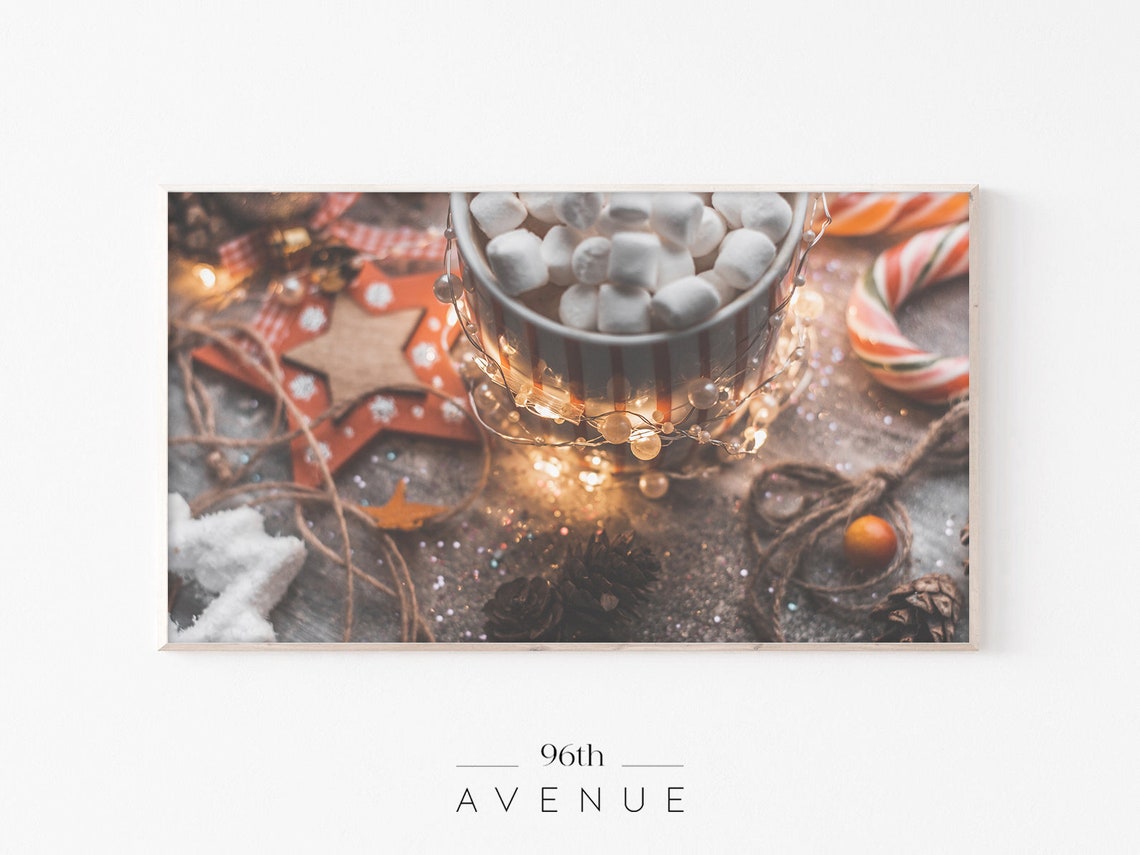 Hot Chocolate with Marshmallows and Twinkling Christmas Lights Poster