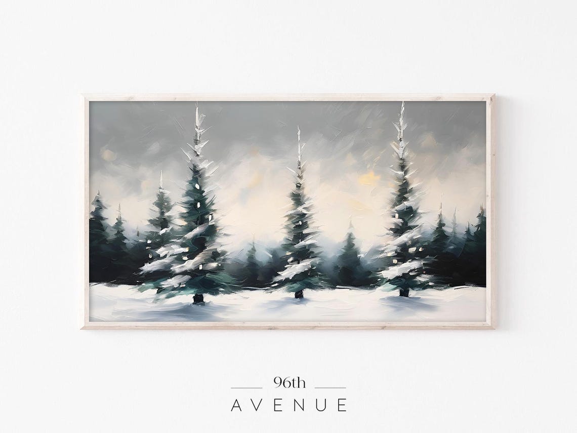 Snow Covered Pines in Soft Winter Light Serene Painting Poster