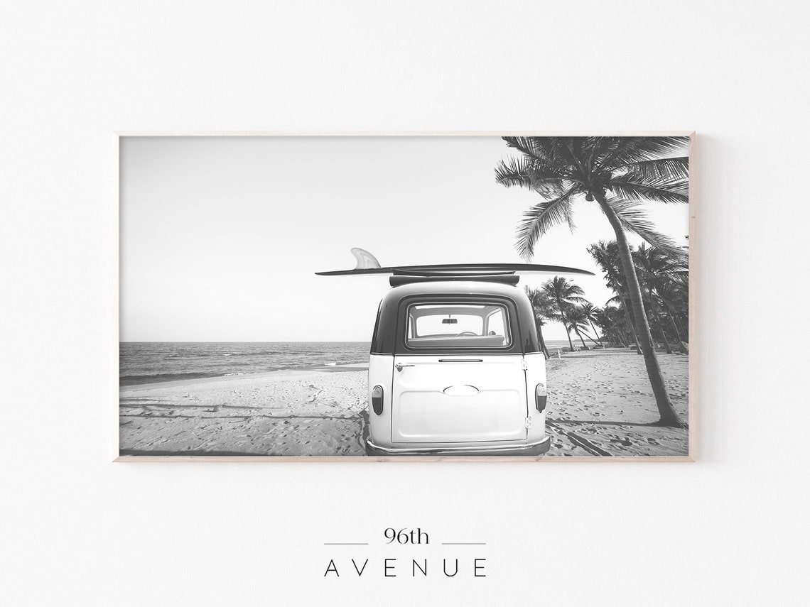 Black And White Vintage Camper Van With Surfboard Beach Poster