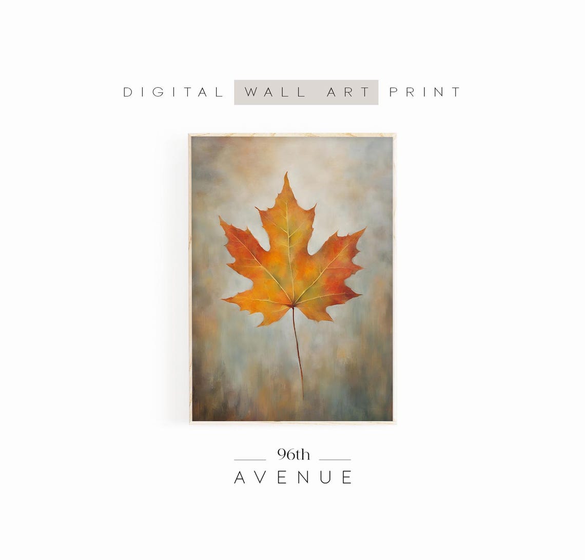 Orange Maple Leaf Autumn Botanical Painting Rustic Fall Wall Art