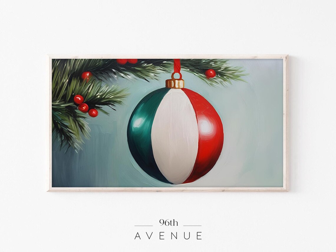 Red White And Green Striped Christmas Bauble Painting Holiday Poster