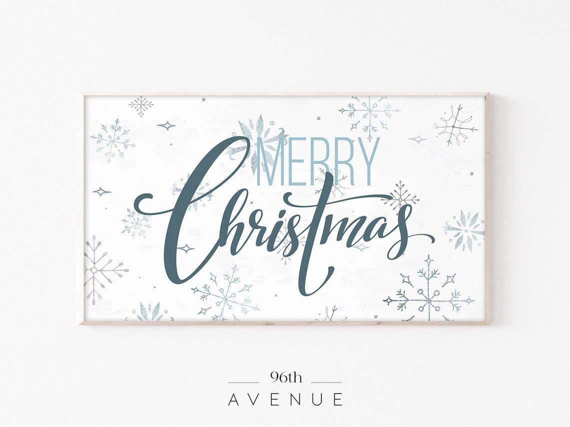 Merry Christmas Script Lettering Blue Snowflakes Holiday Poster