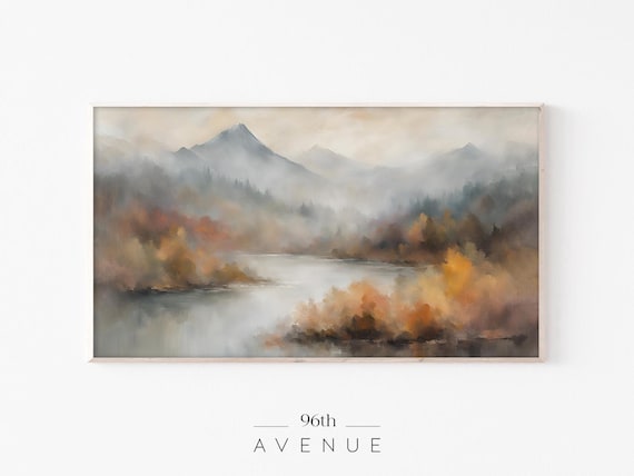 Misty Mountain Peaks over Golden Autumn Lakeshore Serene Poster
