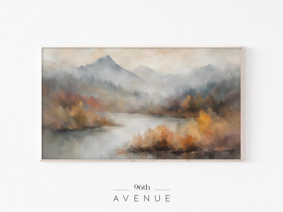 Misty Mountain Peaks over Golden Autumn Lakeshore Serene Poster