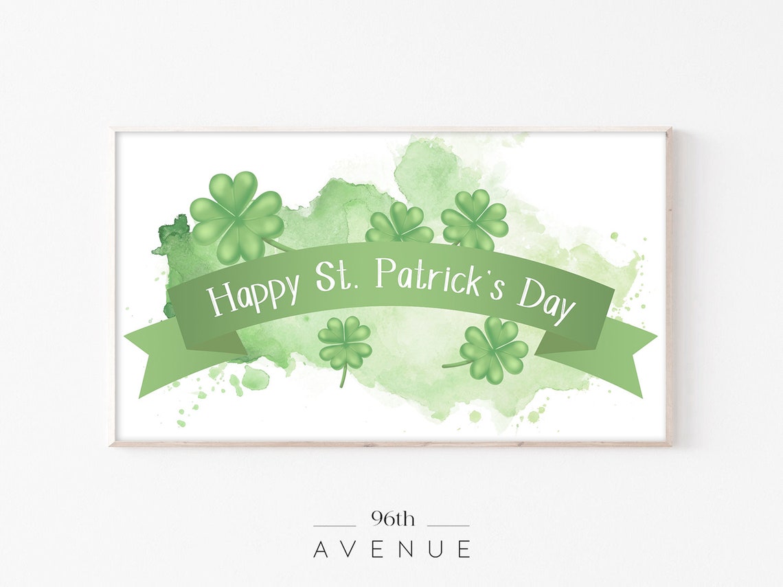 Happy St Patricks Day Green Ribbon Shamrock Watercolor Art Poster