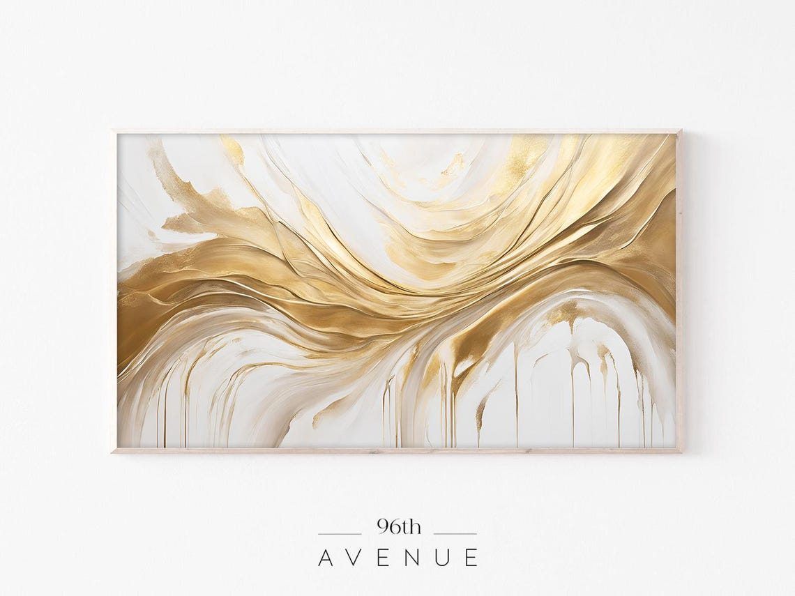 Gold And White Flowing Waves Abstract Marble Style Painting Poster