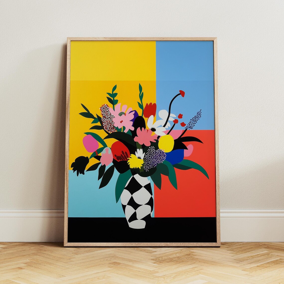 Bold Color Block Flower Bouquet in a Checkered Vase Wall Art