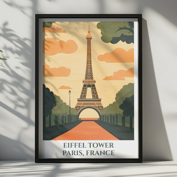 Eiffel Tower Paris Print France Travel Poster Vintage Style Wall Art Gift