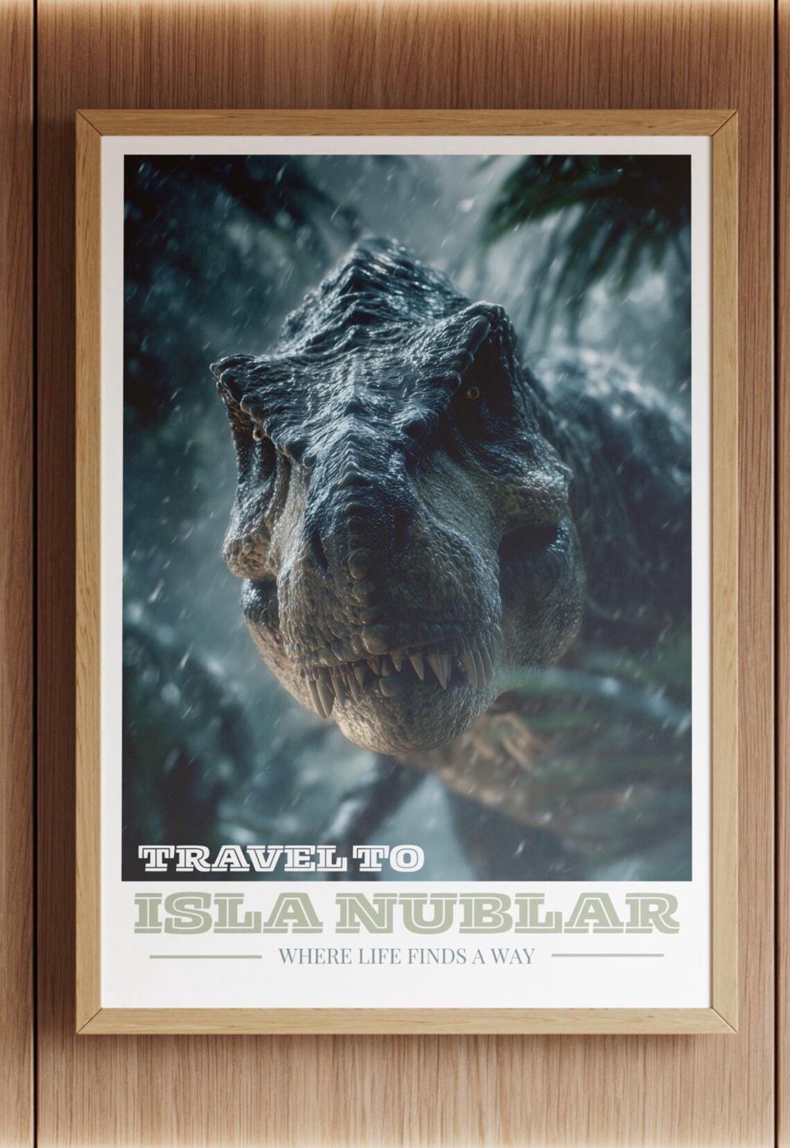 Trex Close Up Rain Retro Travel Poster, Isla Nublar