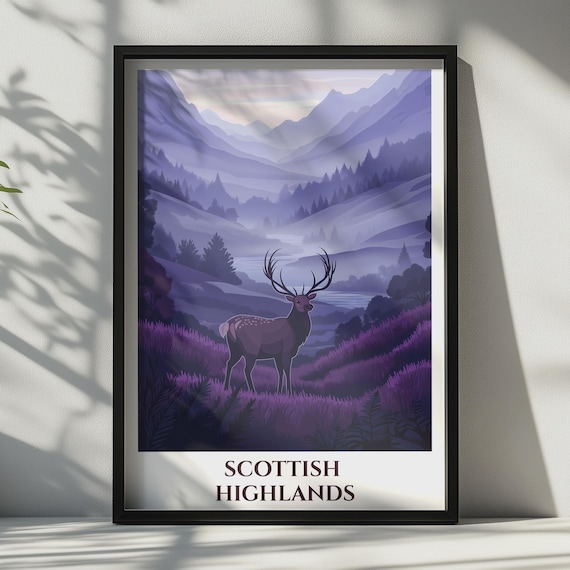 Scottish Highlands Red Stag Purple Heather Mountain Travel Art Poster