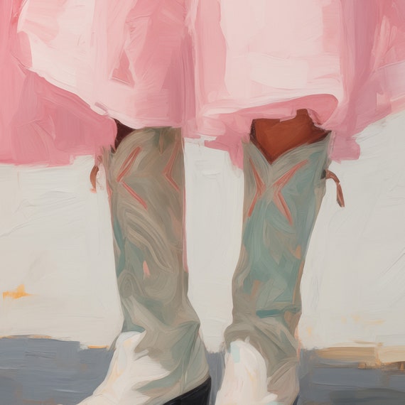 White Cowboy Boots Pink Dress Western Painting Trendy Western Poster