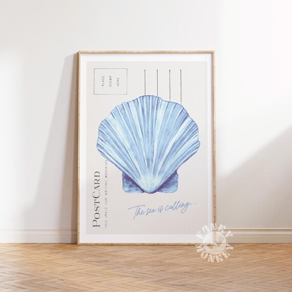 Blue Scallop Shell Coastal Postcard Print The Sea Is Calling Home