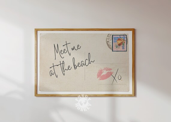 Meet Me At The Beach Vintage Postcard Print With XO Kiss Stamp