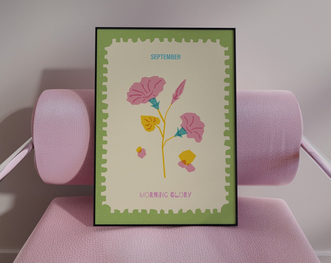 September Morning Glory Birth Flower Poster Botanical Stamp Style Art