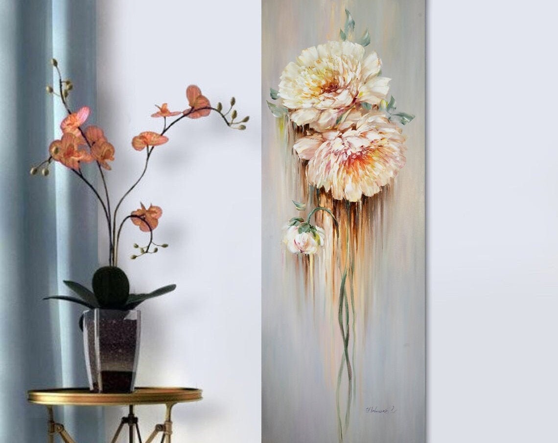 Cream Peonies Tall Narrow Floral Abstract Gold Framed Wall Art Print - Image 2
