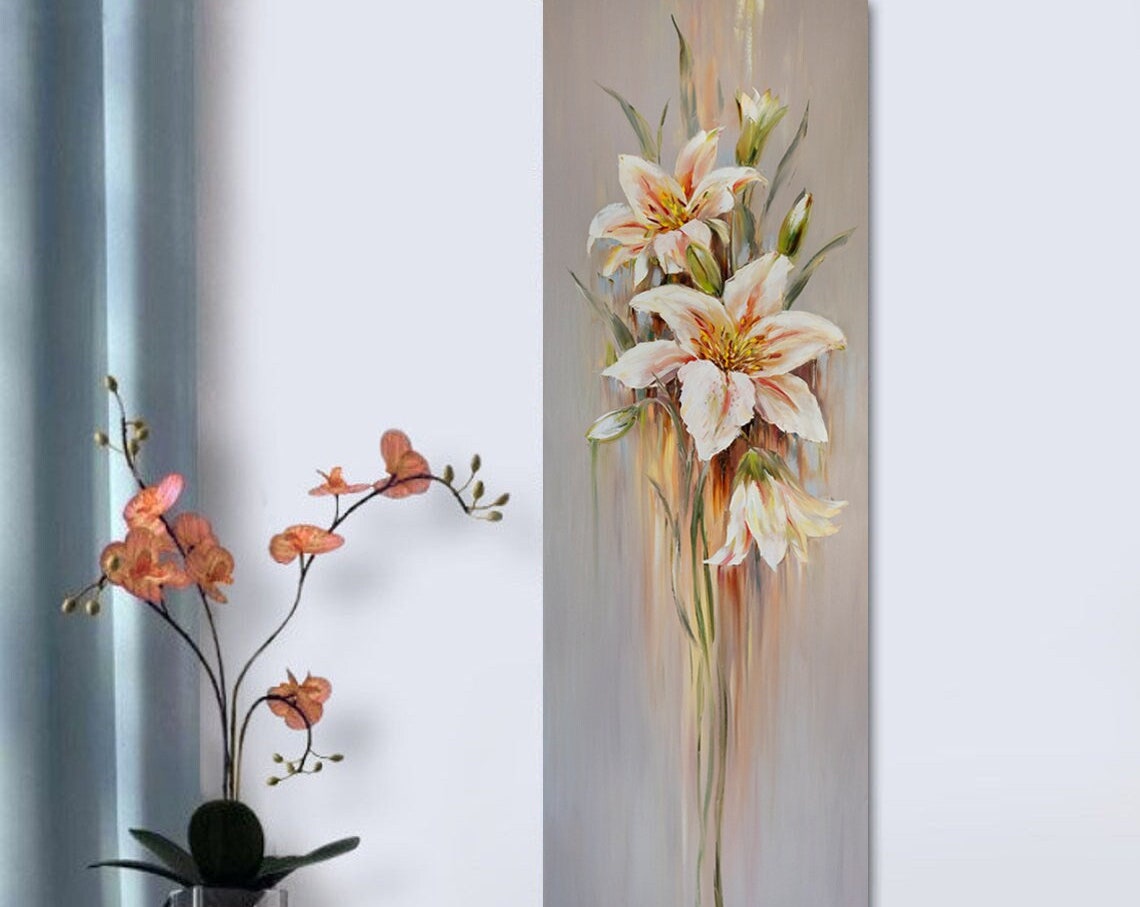 Peach White Lilies Tall Narrow Abstract Taupe Floral Wall Art Poster