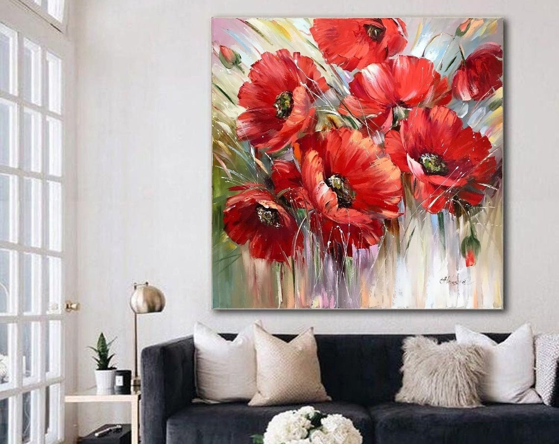 Abstract Poppy Painting On Aesthetic Painting 30x30 Above Bed Decor Square Art California Poppies Gifts Red Flowers Painting 36x36 - Image 3