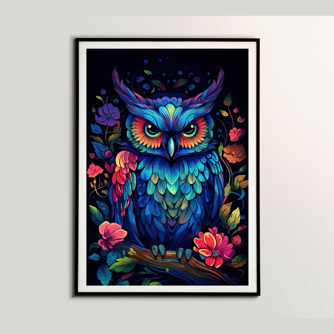 Vibrant Neon Owl Colorful Floral Night Tropical Bird Art Poster