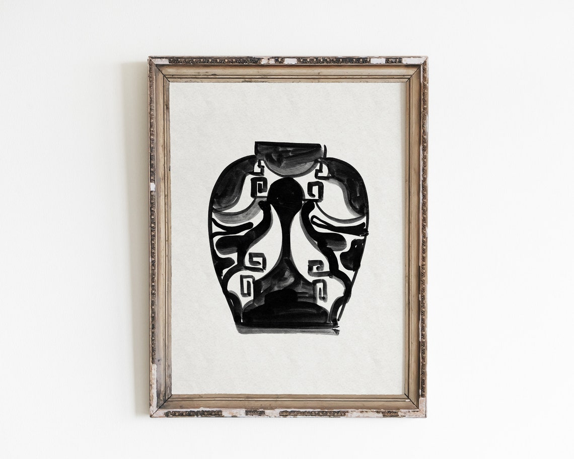 Antique Vase Ink Art Print, Minimalist Vintage