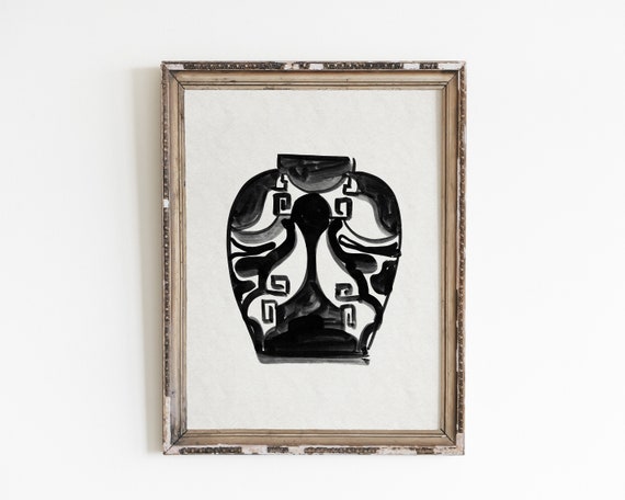 Antique Vase Ink Art Print, Minimalist Vintage