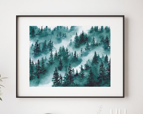 Green Misty Forest Original Watercolor Painting A3 Watercolor Landscape Nature Wall Art Minimalistic Wall Decor Foggy Mountains Art