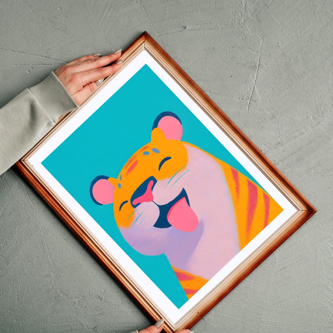 Cheerful Orange Tiger with Tongue Out on Bright Turquoise Poster - Image 3