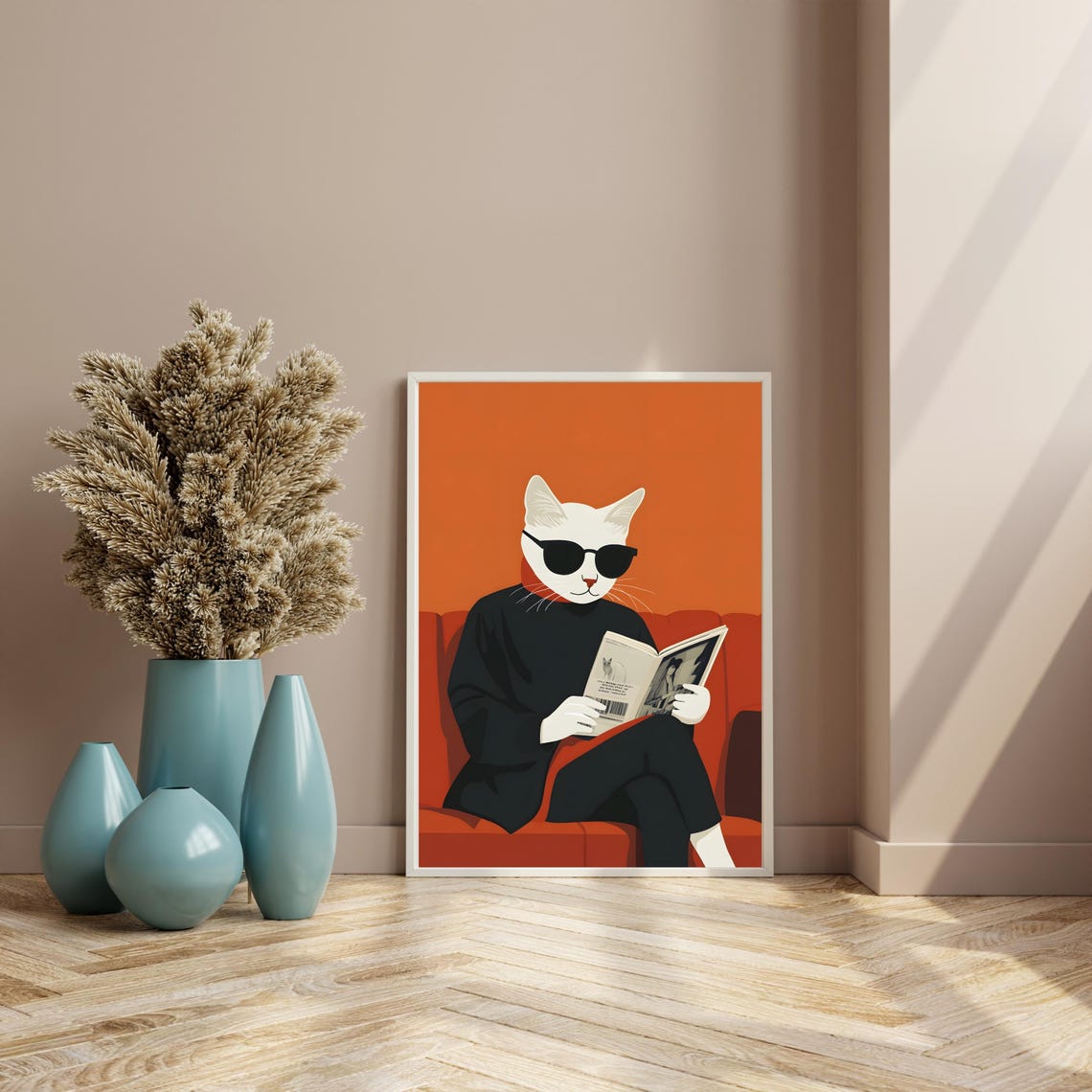 White Cat in Sunglasses Reading Newspaper on Red Sofa Poster - Image 8
