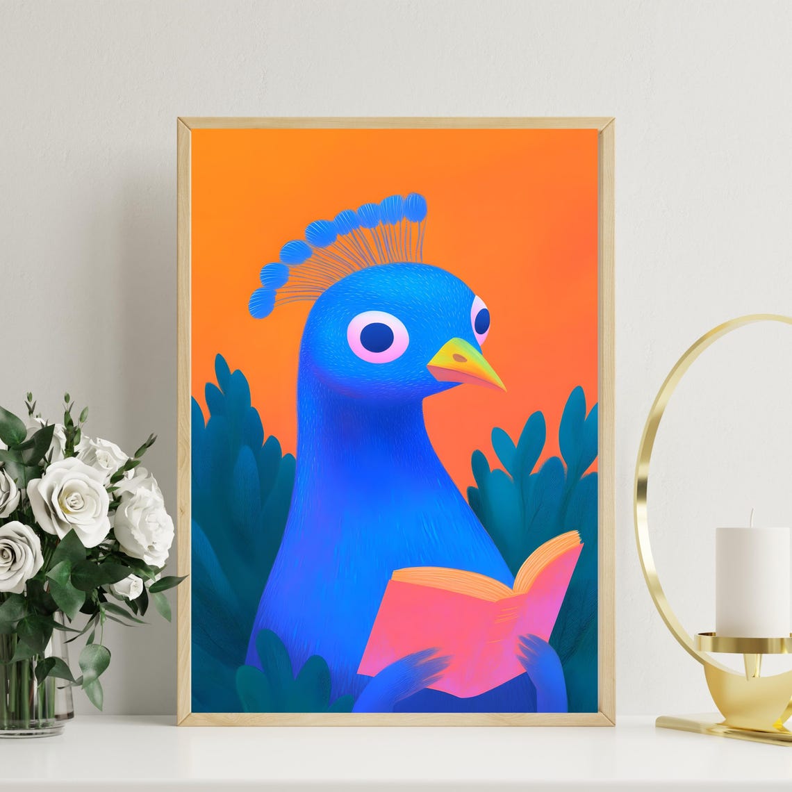 Blue Peacock Reading A Pink Book On Orange Background Art Poster