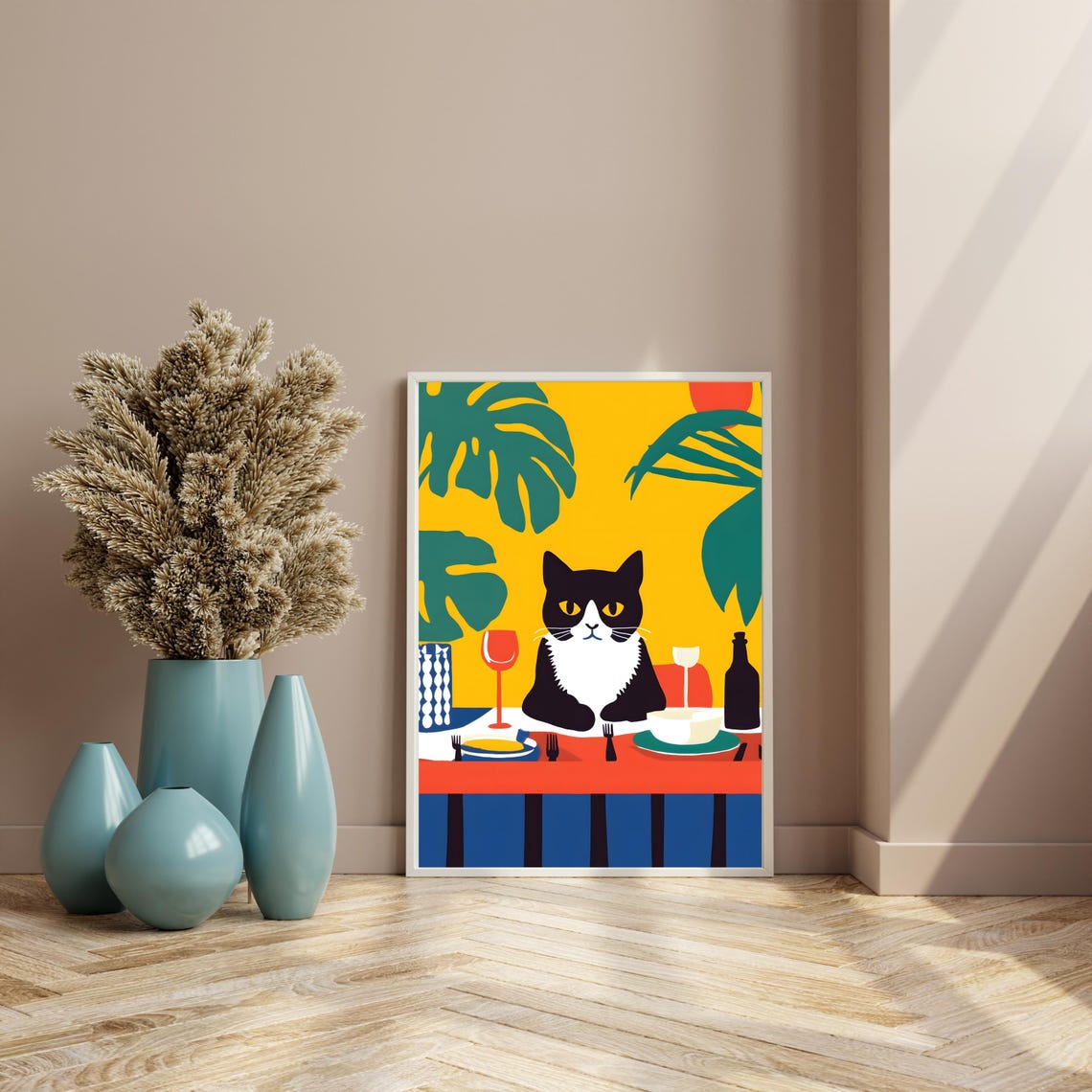 Black and White Cat at a Vibrant Tropical Dinner Party Table Poster - Image 8