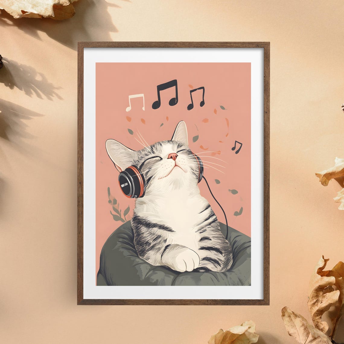 Relaxed Tabby Cat Wearing Headphones with Floating Music Notes Poster - Image 2