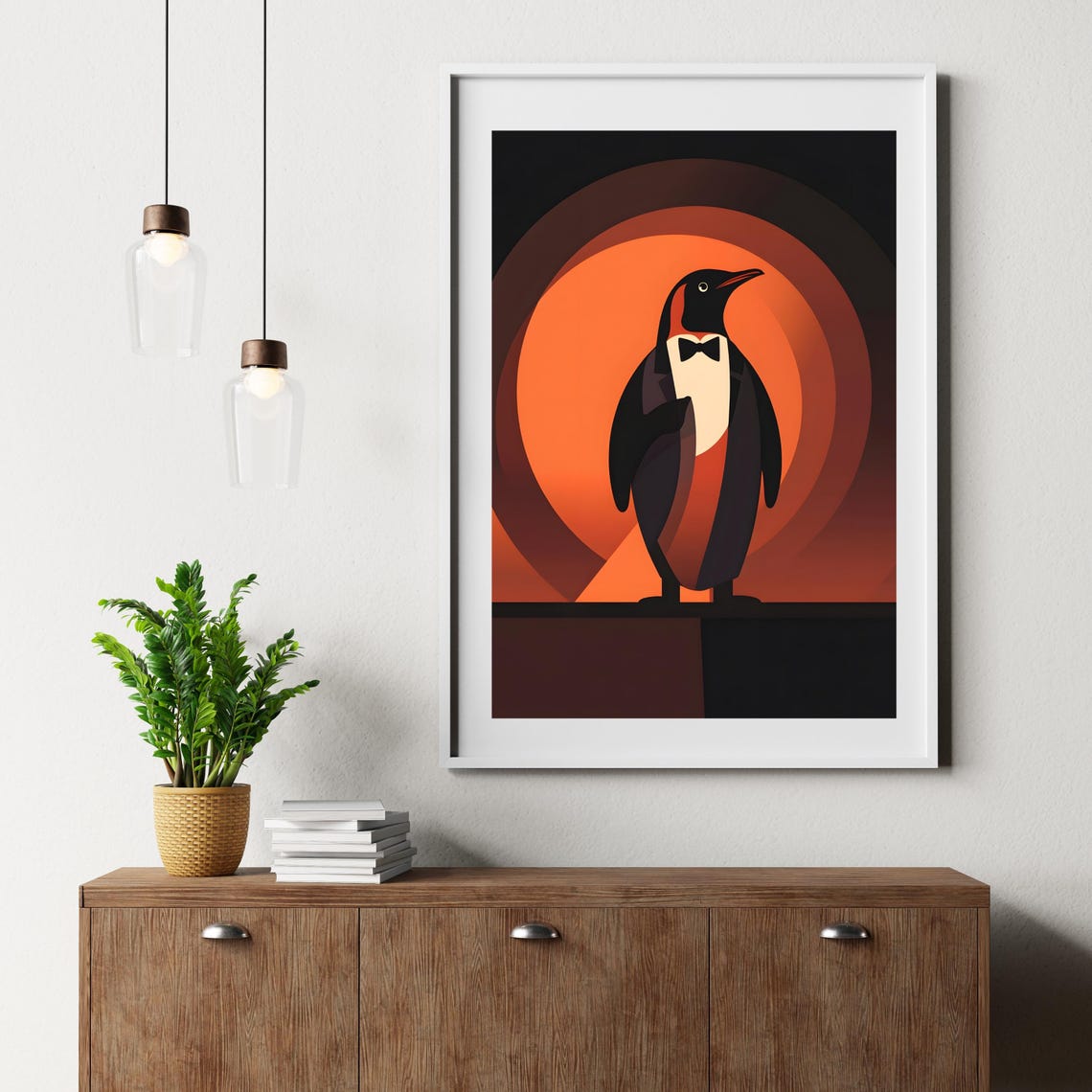 Elegant Penguin in Tuxedo Against Art Deco Orange Circles Poster - Image 7