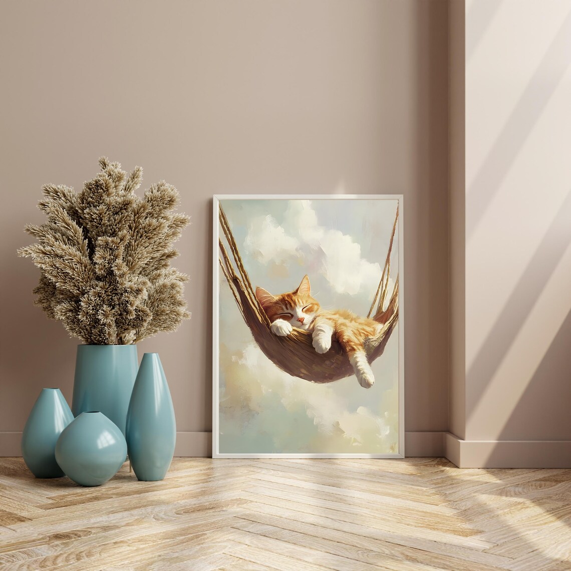 Fluffy Orange Cat Napping Peacefully in a Rope Hammock Among Soft Clouds Poster - Image 3