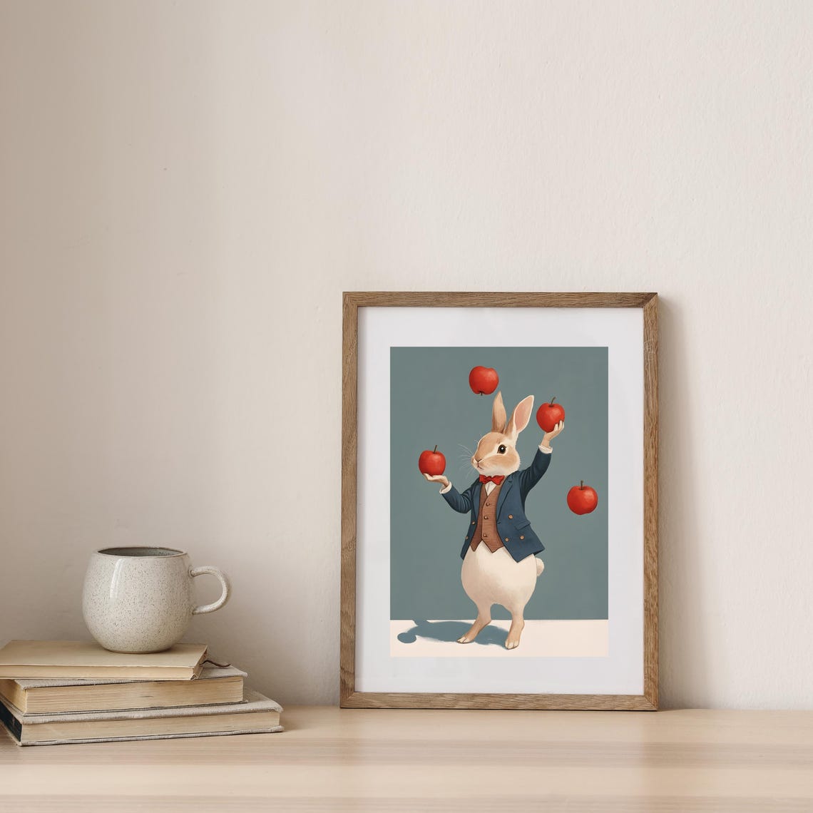 Whimsical Rabbit in a Blue Suit Juggling Four Red Apples Poster - Image 7