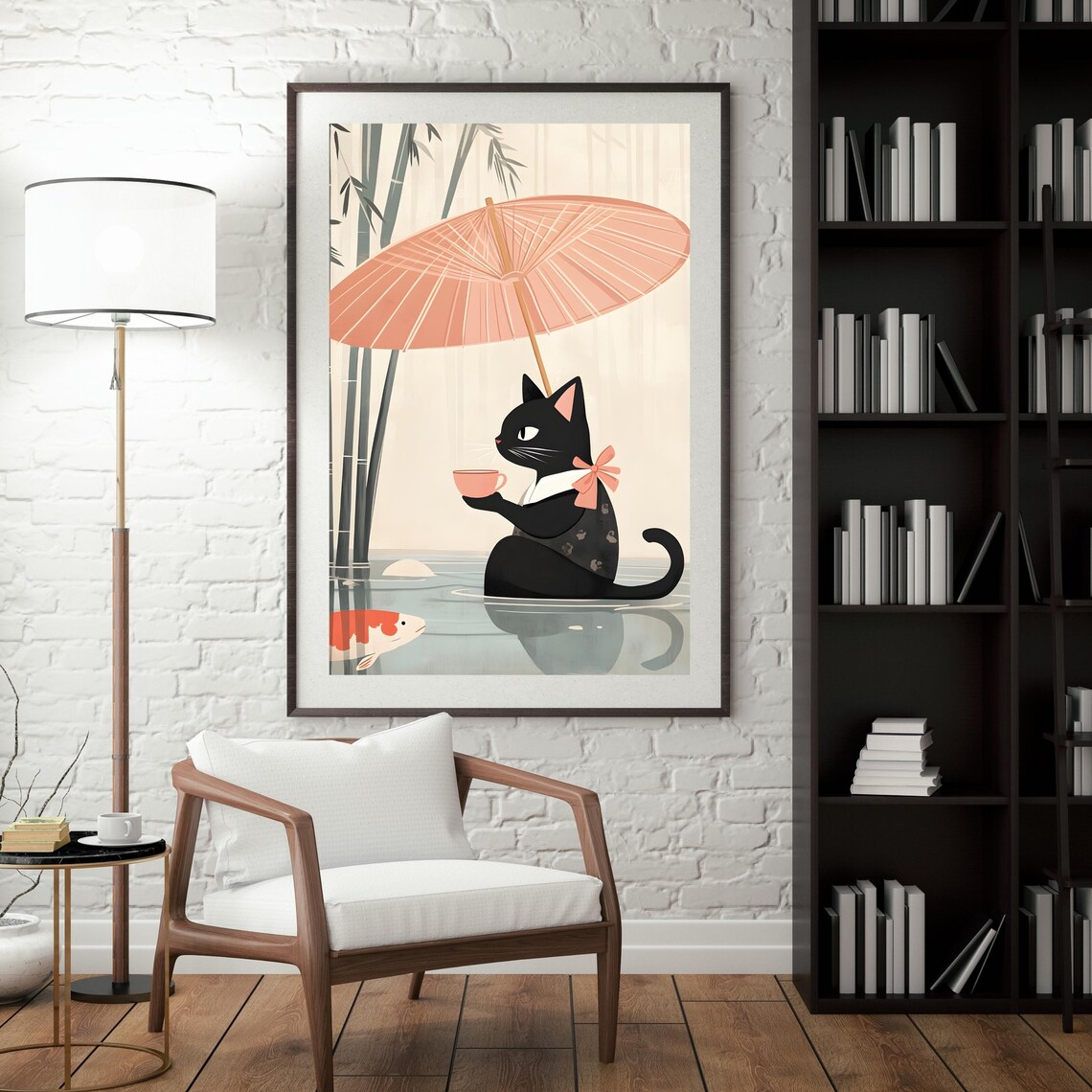 Black Cat With Pink Umbrella Drinking Tea in a Rainy Pond Poster - Image 5