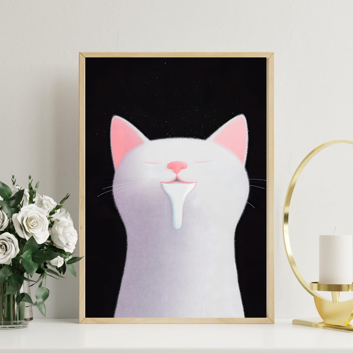 White Cat Drinking Milk With Dripping Milk Minimalist Cat Poster
