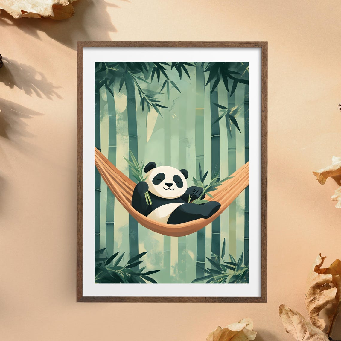 Smiling Panda Relaxing in an Orange Hammock in Bamboo Forest Poster