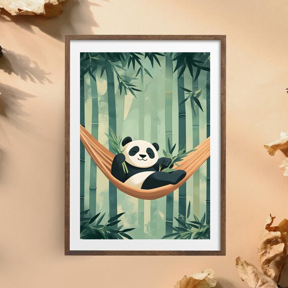 Smiling Panda Relaxing in an Orange Hammock in Bamboo Forest Poster