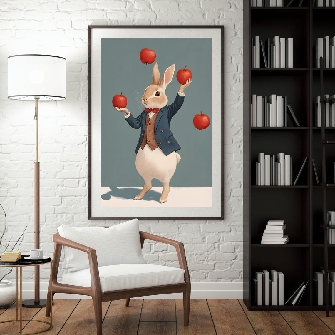 Whimsical Rabbit in a Blue Suit Juggling Four Red Apples Poster - Image 4