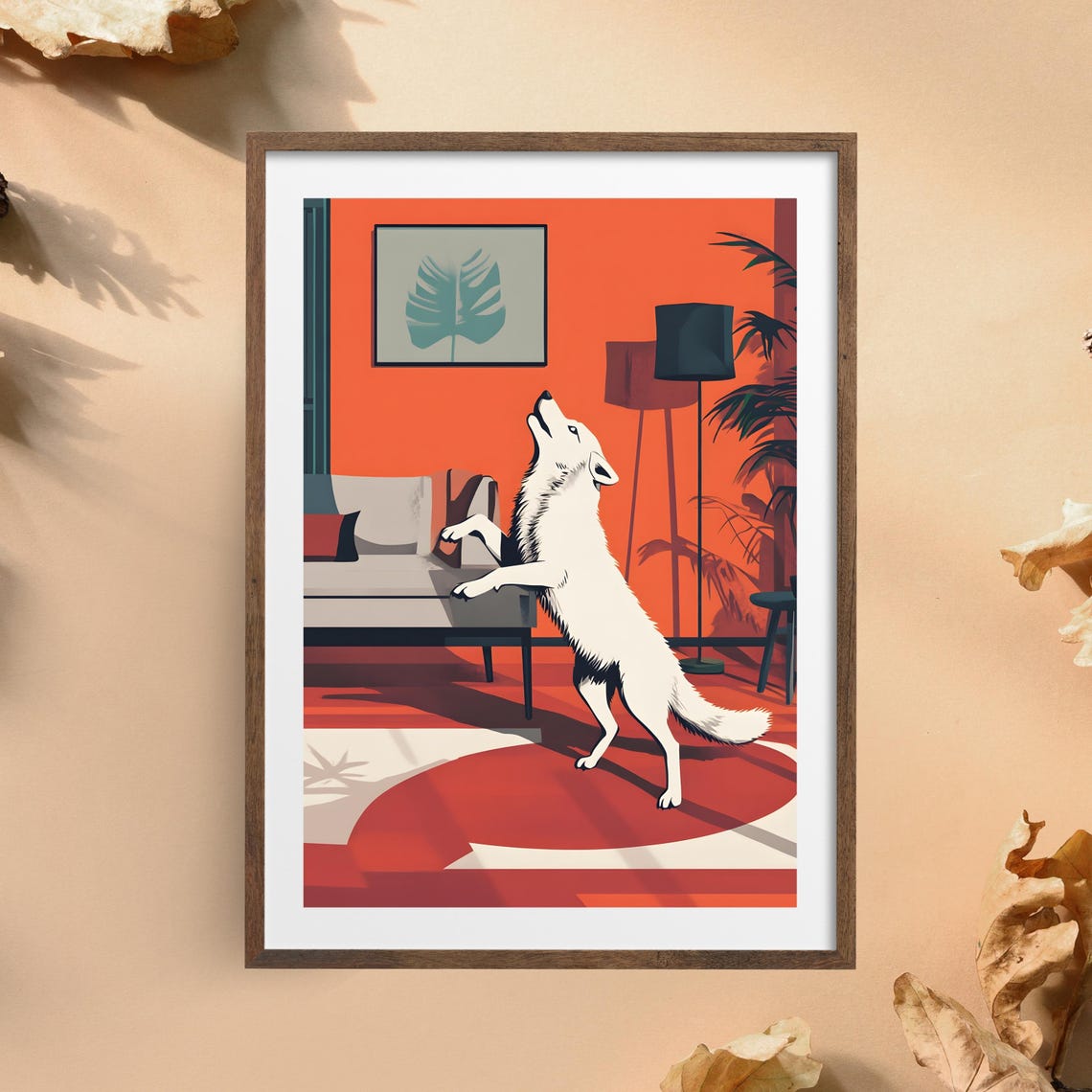 Playful White Wolf Howling Retro Living Room Mid Century Art Poster