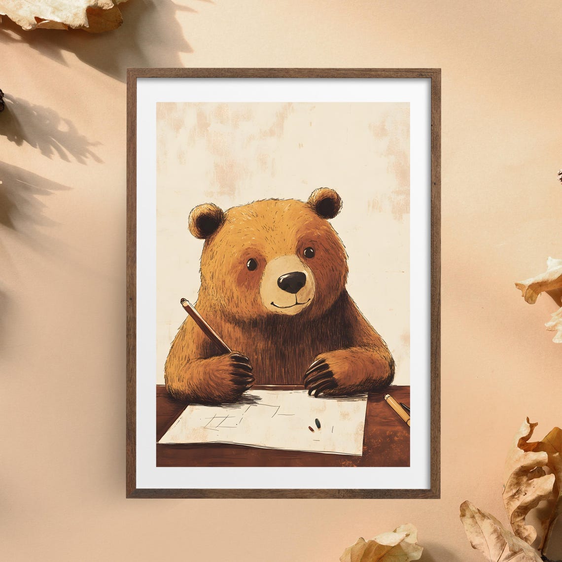 Creative Brown Bear Sketching at a Desk Holding a Pencil Poster - Image 5