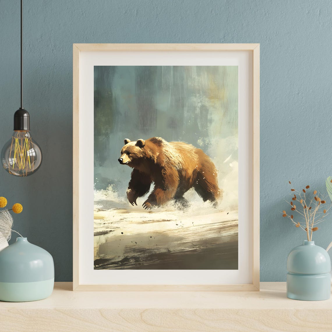 Majestic Brown Bear Wading Misty Forest River Painterly Art Poster - Image 3