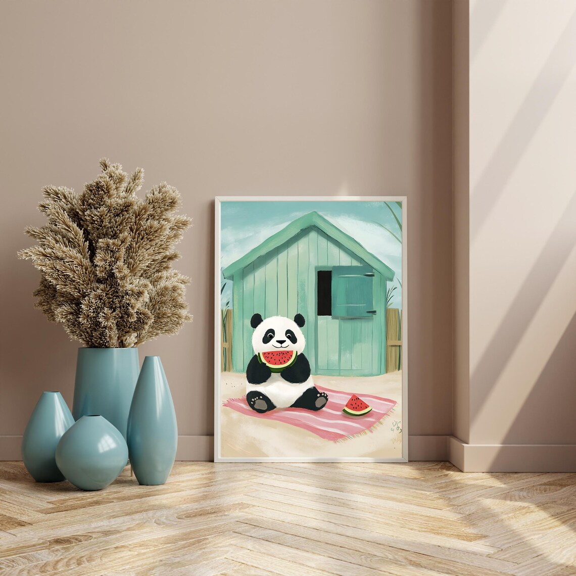 Cute Baby Panda Eating Watermelon at Mint Green Beach Hut Poster - Image 4