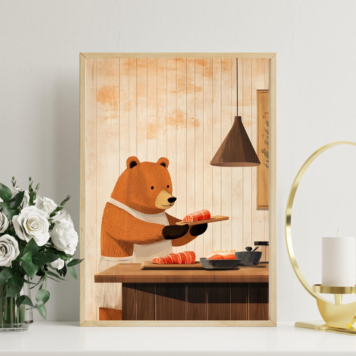 Friendly Bear Chef Slicing Fresh Salmon in Wooden Kitchen Poster