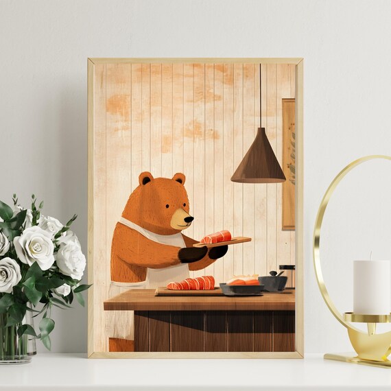 Friendly Bear Chef Slicing Fresh Salmon in Wooden Kitchen Poster