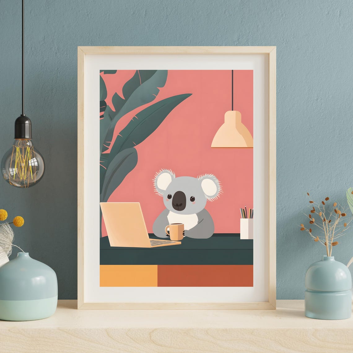 Cozy Koala Office Desk Laptop Coffee Minimalist Work Art Poster - Image 5