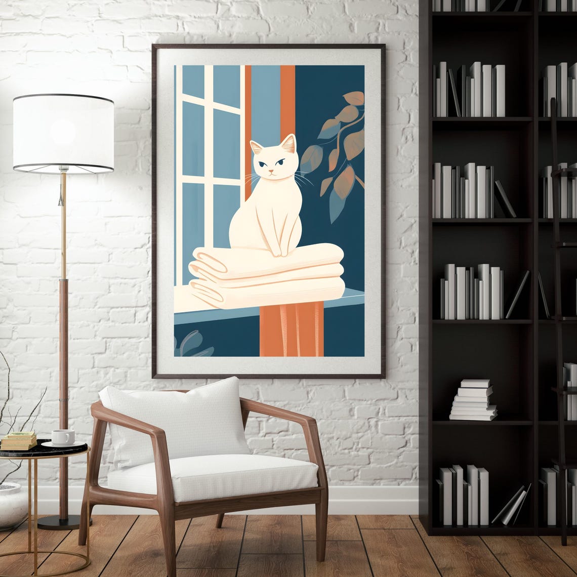 White Cat Sitting On Towels By A Window Mid Century Style Print - Image 2